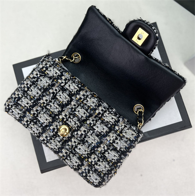 Cha.nel Mini Classic Flap Bag Tweed Gold Tone Metal Black A01116