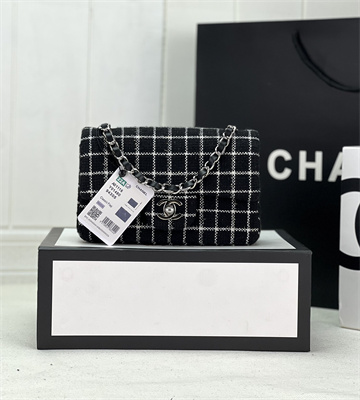 Cha.nel Mini Classic Flap Bag Tweed Silver Tone Metal Black A01116
