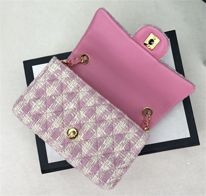 Cha.nel Mini Classic Flap Bag Tweed Gold Tone Metal Pink A01116