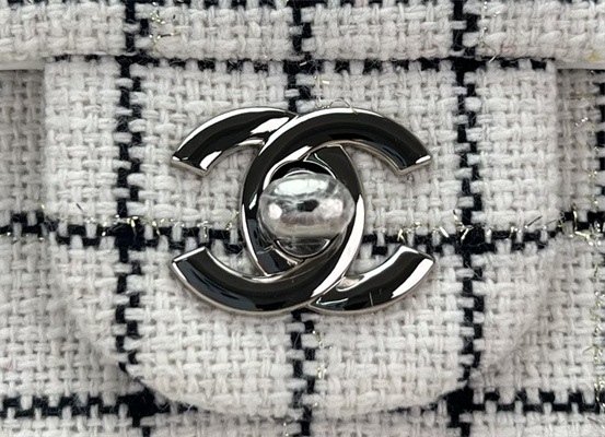 Cha.nel Mini Classic Flap Bag Tweed Silver Tone Metal White A01116