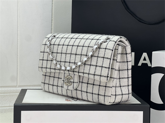 Cha.nel Medium Classic Flap Bag Tweed Silver Tone Metal White A01112