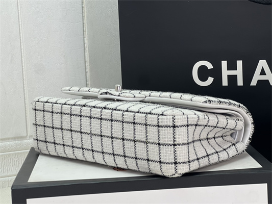 Cha.nel Medium Classic Flap Bag Tweed Silver Tone Metal White A01112