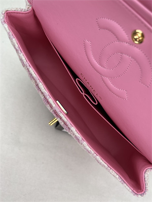 Cha.nel Medium Classic Flap Bag Tweed Gold Tone Metal Pink A01112