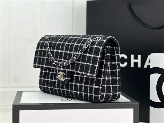 Cha.nel Medium Classic Flap Bag Tweed Silver Tone Metal Black A01112