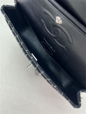 Cha.nel Medium Classic Flap Bag Tweed Silver Tone Metal Black A01112