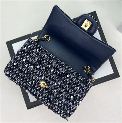Cha.nel Medium Classic Flap Bag Tweed Gold Tone Metal Navy A01112