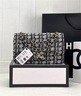 Cha.nel Medium Classic Flap Bag Tweed Gold Tone Metal Black A01112