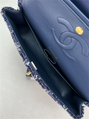 Cha.nel Medium Classic Flap Bag Tweed Gold Tone Metal Navy A01112