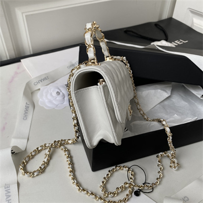 Cha.nel Clutch/Phone Holder With Chain Gold Tone Metal White AP3226