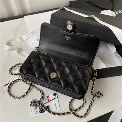Cha.nel Clutch/Phone Holder With Chain Gold Tone Metal Black AP3226