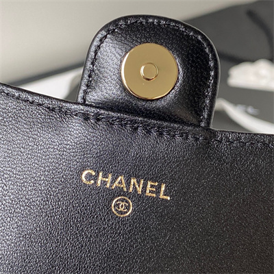 Cha.nel Clutch/Phone Holder With Chain Gold Tone Metal Black AP3226