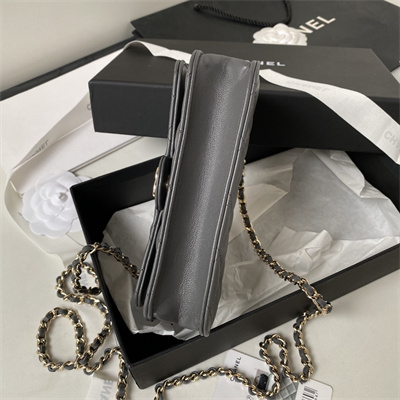 Cha.nel Clutch/Phone Holder With Chain Gold Tone Metal Grey AP3226