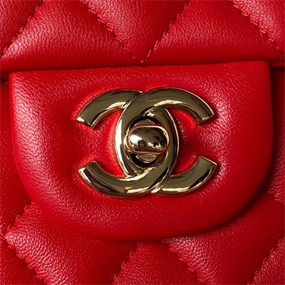 Cha.nel Mini Flap Bag With Top Handle Lambskin Gold Tone Metal Red AS2431