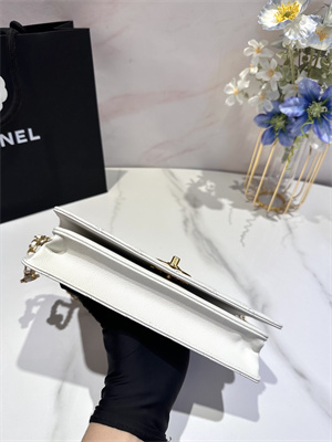 Cha.nel Clutch With Chain Grained Calfskin Gold Tone Metal White AP3581