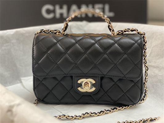Cha.nel Mini Flap Bag With Diamond Top Handle Lambskin Gold Tone Metal Black AS4140