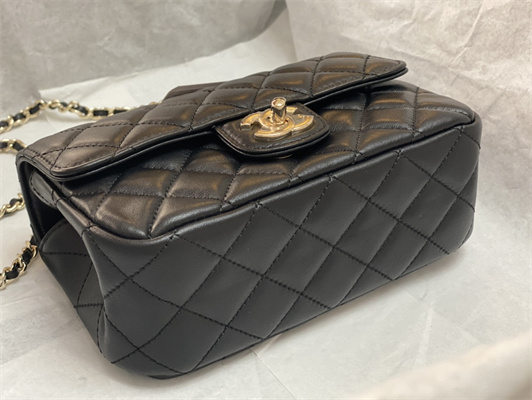Cha.nel Mini Flap Bag With Diamond Top Handle Lambskin Gold Tone Metal Black AS4140