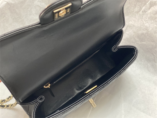 Cha.nel Mini Flap Bag With Diamond Top Handle Lambskin Gold Tone Metal Black AS4140