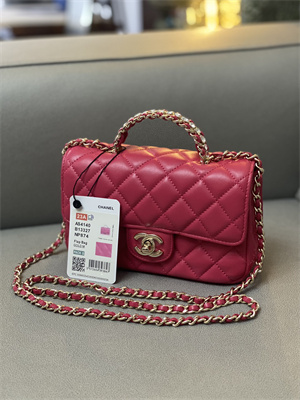 Cha.nel Mini Flap Bag With Diamond Top Handle Lambskin Gold Tone Metal Red AS4140