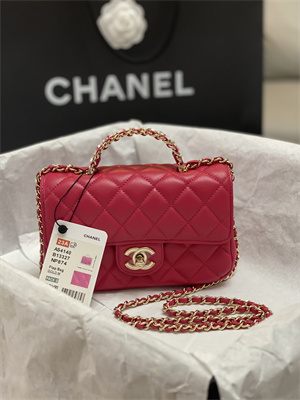 Cha.nel Mini Flap Bag With Diamond Top Handle Lambskin Gold Tone Metal Red AS4140