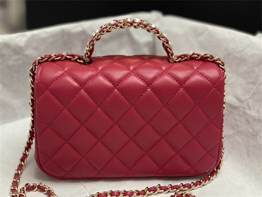 Cha.nel Mini Flap Bag With Diamond Top Handle Lambskin Gold Tone Metal Red AS4140