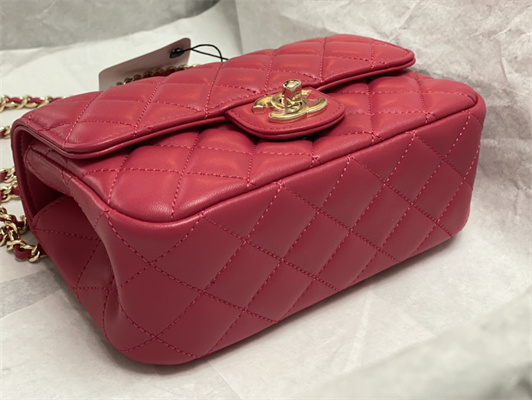 Cha.nel Mini Flap Bag With Diamond Top Handle Lambskin Gold Tone Metal Red AS4140