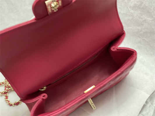 Cha.nel Mini Flap Bag With Diamond Top Handle Lambskin Gold Tone Metal Red AS4140