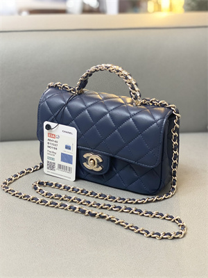 Cha.nel Mini Flap Bag With Diamond Top Handle Lambskin Gold Tone Metal Navy AS4140
