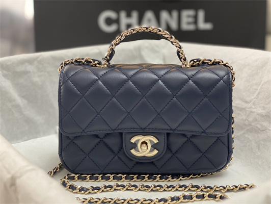 Cha.nel Mini Flap Bag With Diamond Top Handle Lambskin Gold Tone Metal Navy AS4140