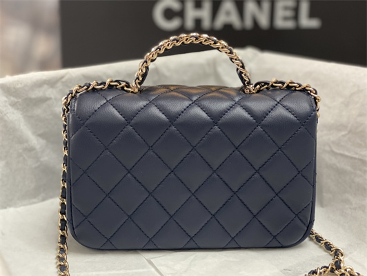 Cha.nel Mini Flap Bag With Diamond Top Handle Lambskin Gold Tone Metal Navy AS4140
