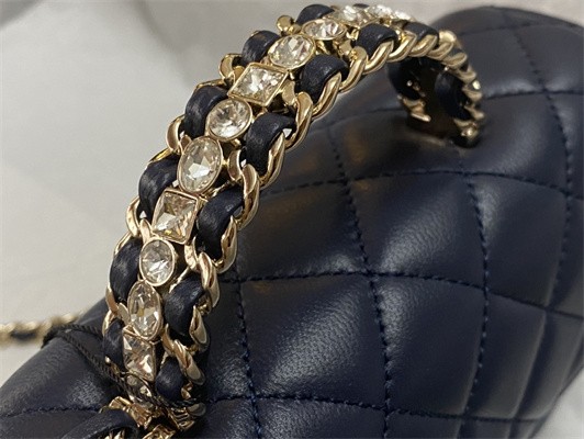 Cha.nel Mini Flap Bag With Diamond Top Handle Lambskin Gold Tone Metal Navy AS4140