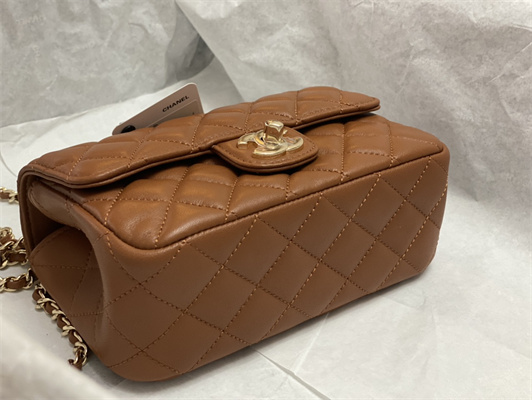 Cha.nel Mini Flap Bag With Diamond Top Handle Lambskin Gold Tone Metal Brown AS4140