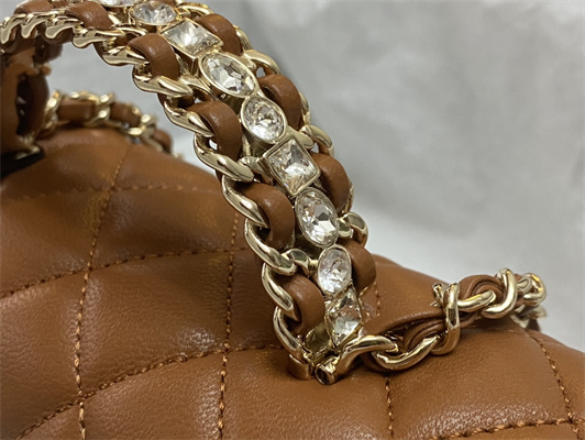 Cha.nel Mini Flap Bag With Diamond Top Handle Lambskin Gold Tone Metal Brown AS4140