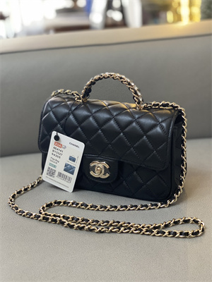 Cha.nel Small Flap Bag With Diamond Top Handle Lambskin Gold Tone Metal Black AS4141