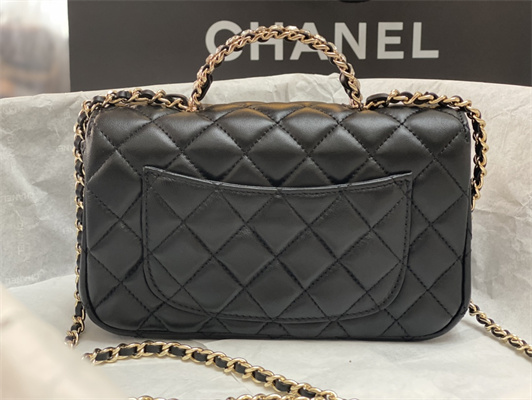 Cha.nel Small Flap Bag With Diamond Top Handle Lambskin Gold Tone Metal Black AS4141