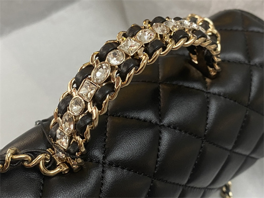 Cha.nel Small Flap Bag With Diamond Top Handle Lambskin Gold Tone Metal Black AS4141