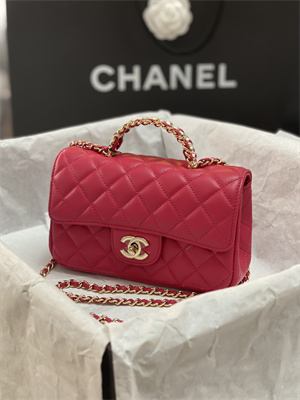 Cha.nel Small Flap Bag With Diamond Top Handle Lambskin Gold Tone Metal Red AS4141