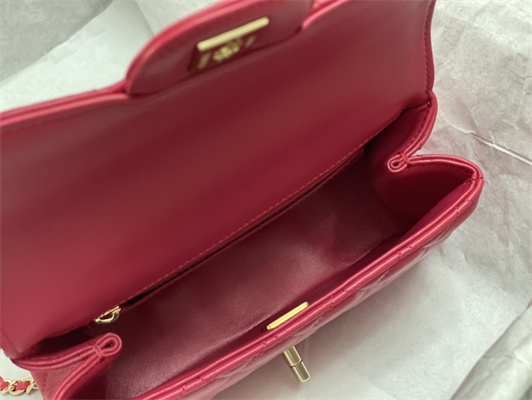 Cha.nel Small Flap Bag With Diamond Top Handle Lambskin Gold Tone Metal Red AS4141