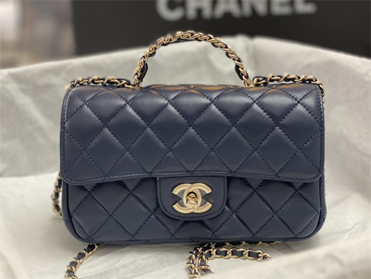 Cha.nel Small Flap Bag With Diamond Top Handle Lambskin Gold Tone Metal Navy AS4141