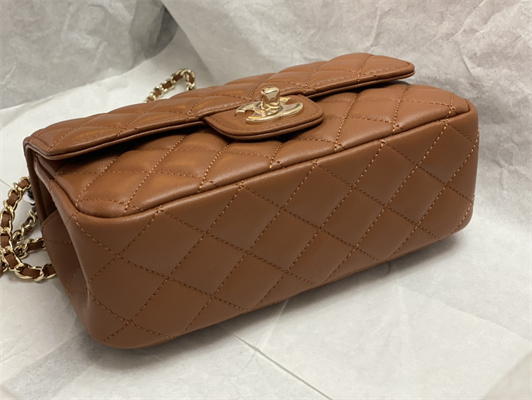 Cha.nel Small Flap Bag With Diamond Top Handle Lambskin Gold Tone Metal Brown AS4141