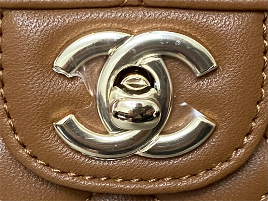 Cha.nel Small Flap Bag With Diamond Top Handle Lambskin Gold Tone Metal Brown AS4141