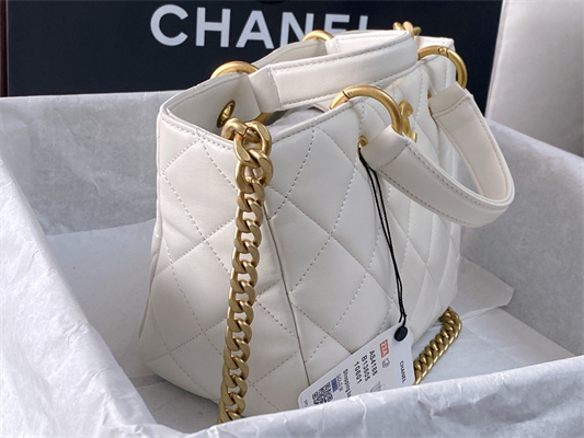 Cha.nel Tote Bag Lambskin Gold Tone Metal White AS4188