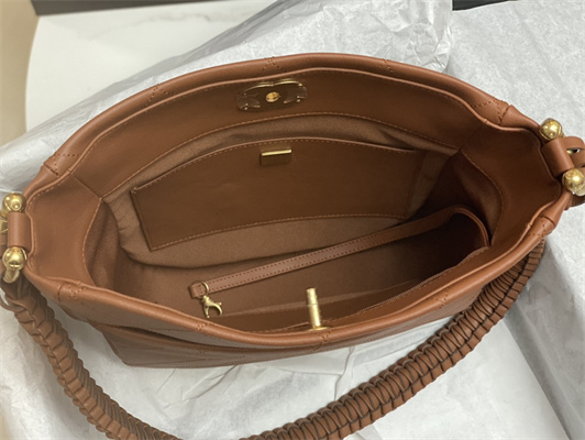 Cha.nel Hobo Handbag Tote Bag Calfskin Gold Tone Metal Caramel AS4210