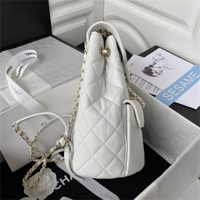 Cha.nel Backpack Grained Calfskin Gold Tone Metal White AS3200