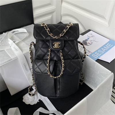 Cha.nel Backpack Grained Calfskin Gold Tone Metal Black AS3200