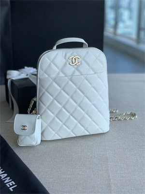 Cha.nel Backpack Grained Calfskin Gold Tone Metal White AS3332