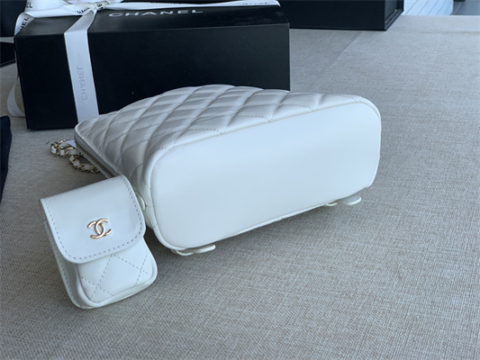 Cha.nel Backpack Grained Calfskin Gold Tone Metal White AS3332