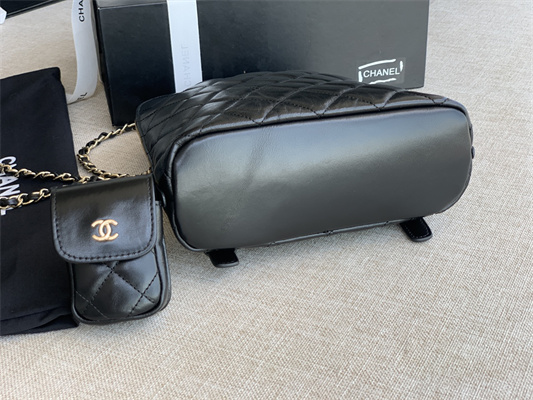 Cha.nel Backpack Grained Calfskin Gold Tone Metal Black AS3332