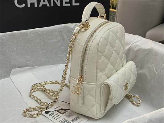 Cha.nel Classic Mini Backpack Grained Calfskin Gold Tone Metal White AP3573
