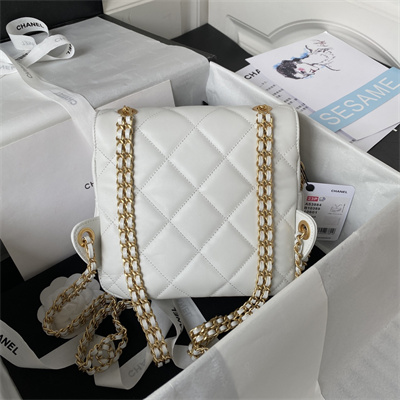 Cha.nel Backpack Lambskin Gold Tone Metal White AS3884