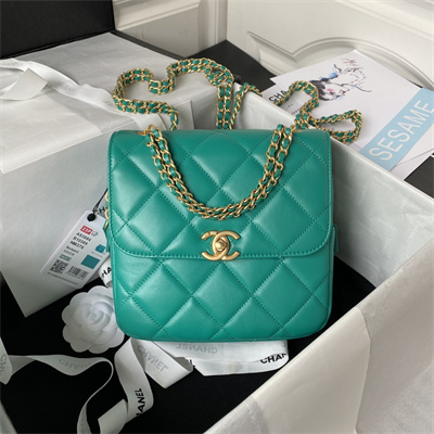 Cha.nel Backpack Lambskin Gold Tone Metal Green AS3884